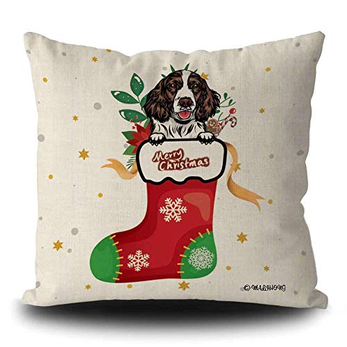 45X45CM,Sofá Decorativo,Funda De Almohada Cama,Funda De Almohada Cuadrada,Throw Pillowcase Springer Spaniel Inglés En Calcetín Navideño Decoraciones Navideñas Perrito Lindo