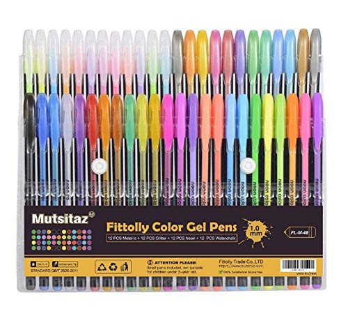 48 Colores Bolígrafos de Gel para colorear adultos - Incluye purpurina, metálico, neón y clásicos - Para scrapbooking, colorear, dibujar y artesanal by Mutsitaz