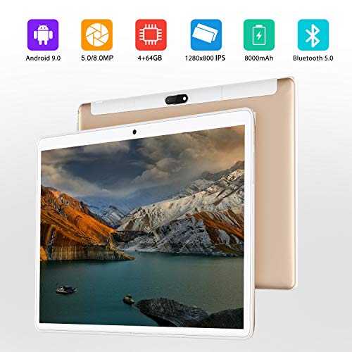 4G Tablets 10.1 Pulgadas, 4GB RAM+ 64GB ROM 2 in 1 Tablet con Teclado Android 9.0 Tablet PC con Quad-Core 8MP 8000mAh Moviles Buenos o Tablets Puede Llamar Apoyo Dual SIM WiFi/Bluetooth/OTG (Oro)