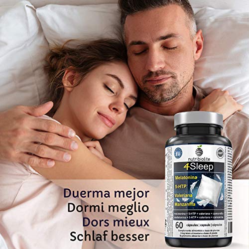 4Sleep - Melatonina Pura + 5-HTP Griffonia Simplicifolia + Manzanilla + Valeriana - Efecto prolongado, Rápida conciliación y mejora del sueño, Reduce estrés, ansiedad e insomnio, Somnífero natural