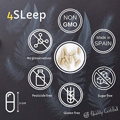 4Sleep - Melatonina Pura + 5-HTP Griffonia Simplicifolia + Manzanilla + Valeriana - Efecto prolongado, Rápida conciliación y mejora del sueño, Reduce estrés, ansiedad e insomnio, Somnífero natural