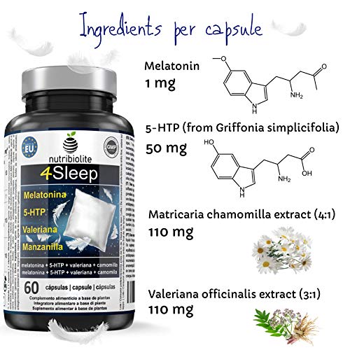 4Sleep - Melatonina Pura + 5-HTP Griffonia Simplicifolia + Manzanilla + Valeriana - Efecto prolongado, Rápida conciliación y mejora del sueño, Reduce estrés, ansiedad e insomnio, Somnífero natural