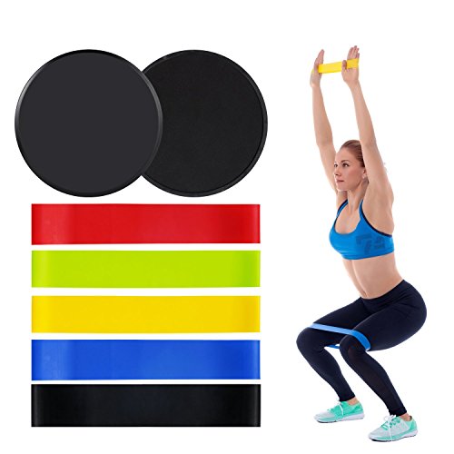 5 Bandas Elasticas y 2 Discos Deslizantes Fitness Ejercicio set,Bandas de Resistencia y Sliders,Gomas Cinta Elastica para entrenar piernas glúteos yoga, pilates, crossfit, musculacion y recuperación