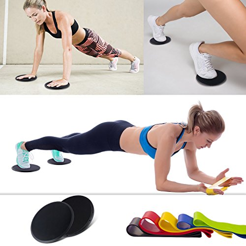 5 Bandas Elasticas y 2 Discos Deslizantes Fitness Ejercicio set,Bandas de Resistencia y Sliders,Gomas Cinta Elastica para entrenar piernas glúteos yoga, pilates, crossfit, musculacion y recuperación