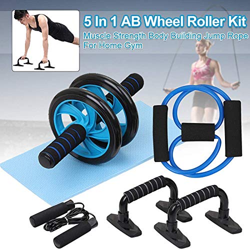 5 en 1 Kit de Rueda Abdominal, Push Up Bars, Cuerda para Saltar, Fortalecedor de Mano, Rodilla Mat para Entrenamiento en Casa Ejercicios Fitness