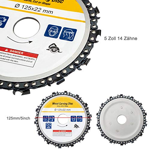 5 Pulgadas Disco de Talla de Madera 125 mm Amoladora angular Disco de cadena Disco de cadena de 14 dientes Herramientas de corte y ajuste de talla de madera Accesorios de sierra circular