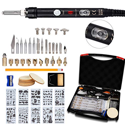 52pcs Kit Pirograbador de Madera,Ockered Kit Pirograbdores Electrico 60W Temperatura Regulable entre 150° C y 450° C, Soldador Pirografo Profesional para Madera, Cuero, Grabado