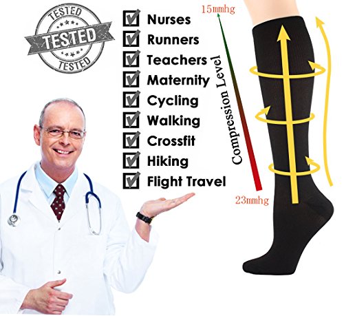 6 Pares Rodilla Alta Calcetines/Medias de Compresión para Hombres y Mujeres - Ejercicio/Correr/Enfermeras/médico/Embarazo/Maternidad/Viajes/Vuelo/Aumenta la Resistencia/Reduce la Fatiga L/XL