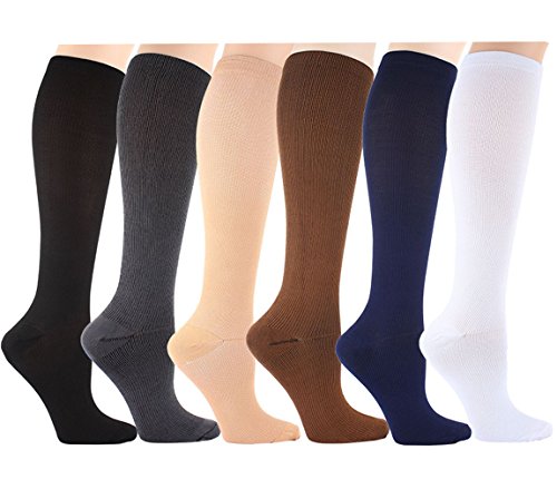 6 Pares Rodilla Alta Calcetines/Medias de Compresión para Hombres y Mujeres - Ejercicio/Correr/Enfermeras/médico/Embarazo/Maternidad/Viajes/Vuelo/Aumenta la Resistencia/Reduce la Fatiga L/XL