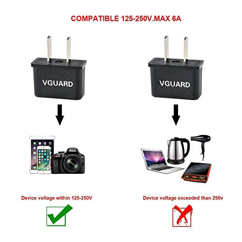 [6 Unidades] VGUARD Adaptador Enchufe de Viajar de para UE Europa a EE.UU./ USA / Estados Unidos, Canadá, México, Cuba, Japón, CN / China, Hong Kong, Taiwán, Tailandia y Así Sucesivamente. – Negro