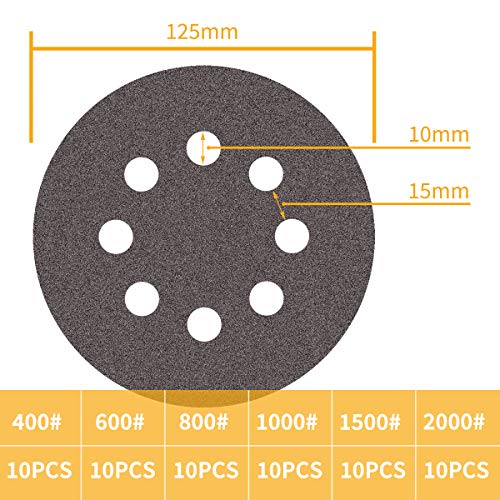 60 Pieza Discos abrasivos para lijar 400 600 800 1000 1500 2000 Lijas Carburo de silicio Grano 125 mm Papeles de Lija 8-agujeros
