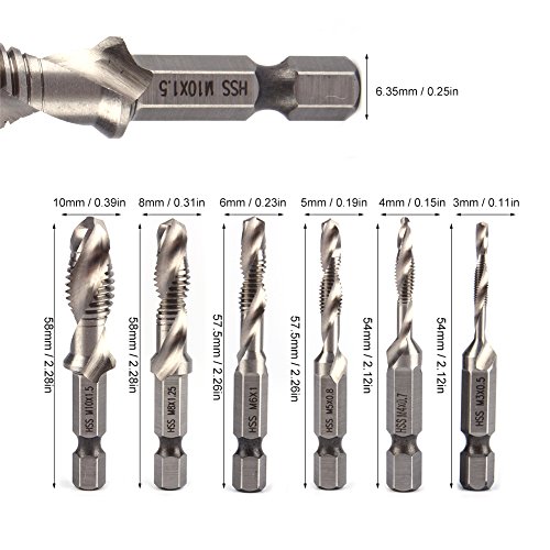6Pcs 1/4 "vástago hexagonal HSS Métricas mano derecha Rosca Toque y cónica Brocas 6Pcs 1/4 "vástago hexagonal HSS Métricas mano derecha Rosca Toque y cónica Brocas