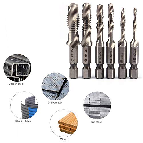 6Pcs 1/4 "vástago hexagonal HSS Métricas mano derecha Rosca Toque y cónica Brocas 6Pcs 1/4 "vástago hexagonal HSS Métricas mano derecha Rosca Toque y cónica Brocas
