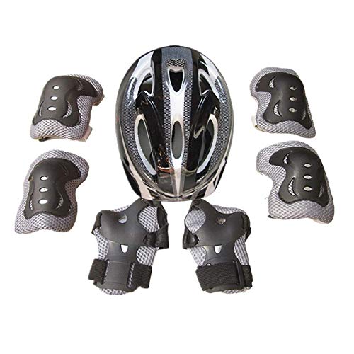 7 Piezas niños monopatín Bicicleta Bicicleta Casco de Seguridad Rodilleras Coderas Ciclismo Conjunto (Black, One Size)