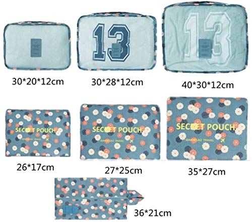 7 Set de Organizador de Equipaje, Impermeable Organizador de Maleta Bolsa para Ropa Sucia de Viaje, Material Nylon（2Blue Flower）