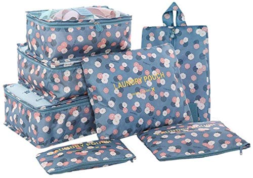 7 Set de Organizador de Equipaje, Impermeable Organizador de Maleta Bolsa para Ropa Sucia de Viaje, Material Nylon（2Blue Flower）