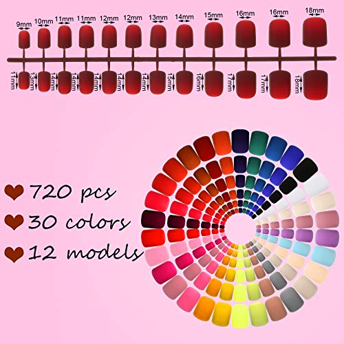 720 Piezas 30 Juegos de Uñas Postizas Cuadradas Cortas Uñas Acrílicas Coloridas de Cubierta Completa Uñas Postizas de Gel Mate Uñas Postizas Cortas de Presión para Mujer, Colores Surtidos