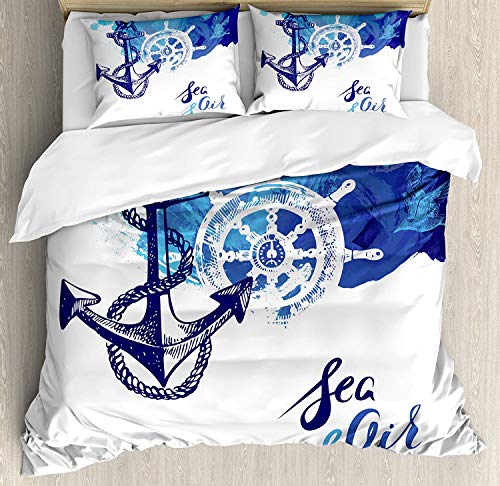 779 Juego de ropa de cama náutica con efecto de pintura con diseño de rosas de viento y timón crucero, juego de cama decorativo de 3 piezas con 2 fundas de almohada, tamaño queen, tonos de azul