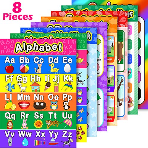 8 Carteles Educativos Preescolares para Aprendizaje de Bebé y Niño con 60 Puntos de Pegamento para Escuela en Casa Guardería - Enseñar Números Alfabeto Colores Meses y Más 16 x 11 Pulgadas