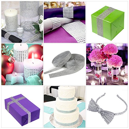 8 filas de 10 yard diamante cinta KAKOO con 4 filas de 10 yard diamante imitación de cintas oros de decoración pastel de diamante brillante para fiesta, boda y manualidad (plata)