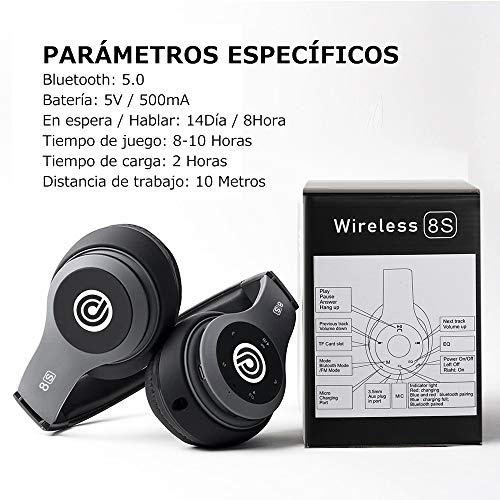 8S Auriculares Inalámbricos, Audífonos Inalámbricos Bluetooth Plegables HiFi con Micrófono Incorporado y Control de Volumen Eliminación de Ruido, Soporte Micro SD/TF/FM, para iPhone/ Samsung/ iPad/ PC