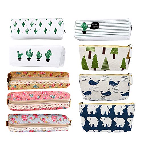 9 piezas Surtidos Bolígrafo Bolso Lápiz Caso, Creatiees Bosque y Animal Tema Lona Diseño| Cactus Lona Diseño| Flor Floral Lona Diseño, Bolígrafo Poseedor Papelería Lápiz Bolsa Cosmético Bolsa