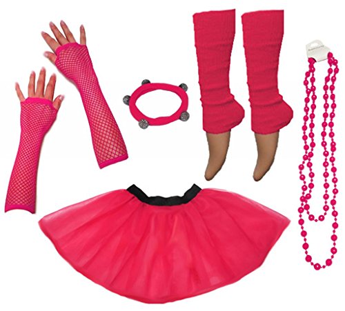 A-Express Mujer Chicas Neón Falda Tutu Calentador de Pierna Collar Guantes Fiesta Disfraces completar Conjunto - Rosa Caliente EU34-44