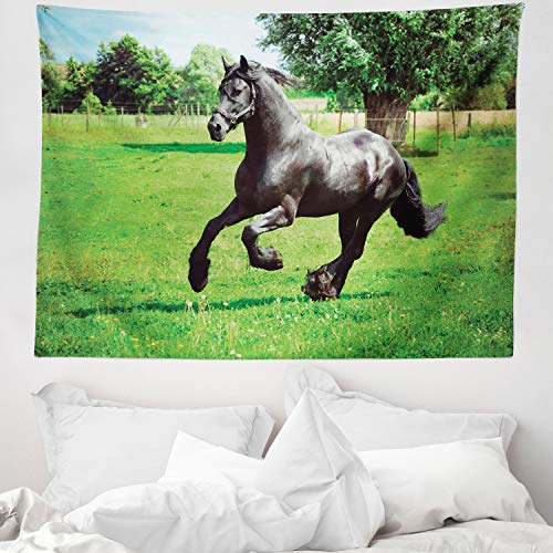 ABAKUHAUS Animal Tapiz de Pared y Cubrecama Suave, Símbolo del Caballo frisón, Estampado Digital Vívido, 150 x 110 cm, Verde Negro