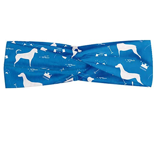 ABAKUHAUS Diadame Amante de los perros, Banda Elástica y Suave para Mujer para Deportes y Uso Diario Collar continua cuenco del perro de la pata Peine y hueso Siluetas arte monocromo, Azul Azul Blanco