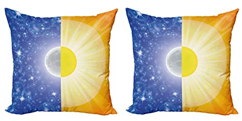 ABAKUHAUS Opinión del Espacio de Set de 2 Fundas para Cojín, Vigas de Sun Estrellas del Cielo, con Estampado en Ambos Lados con Cremallera, 50 cm x 50 cm, Azul Amarillo