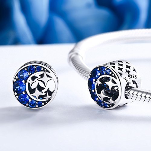 Abalorio de plata de ley 925 «Starry Sky» con diseño de luna y estrellas de circonita cúbica de color azul para pulsera y collar, perfecto regalo de San Valentín