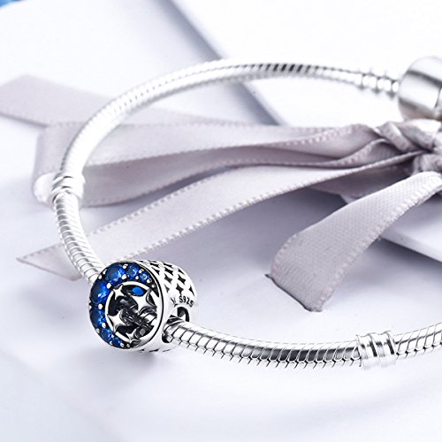 Abalorio de plata de ley 925 «Starry Sky» con diseño de luna y estrellas de circonita cúbica de color azul para pulsera y collar, perfecto regalo de San Valentín