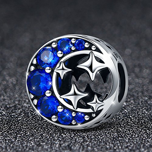 Abalorio de plata de ley 925 «Starry Sky» con diseño de luna y estrellas de circonita cúbica de color azul para pulsera y collar, perfecto regalo de San Valentín