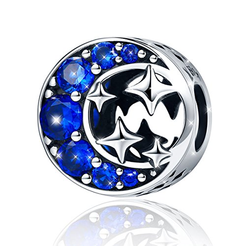 Abalorio de plata de ley 925 «Starry Sky» con diseño de luna y estrellas de circonita cúbica de color azul para pulsera y collar, perfecto regalo de San Valentín