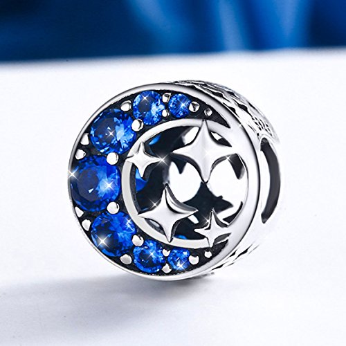 Abalorio de plata de ley 925 «Starry Sky» con diseño de luna y estrellas de circonita cúbica de color azul para pulsera y collar, perfecto regalo de San Valentín