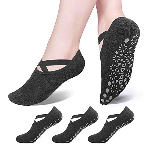 Abida 3 Pares de Calcetines de Yoga para Mujer con agarres y Correas Antideslizantes, Ideales para Pilates, Barra Pura, Ballet, Danza, Fitness