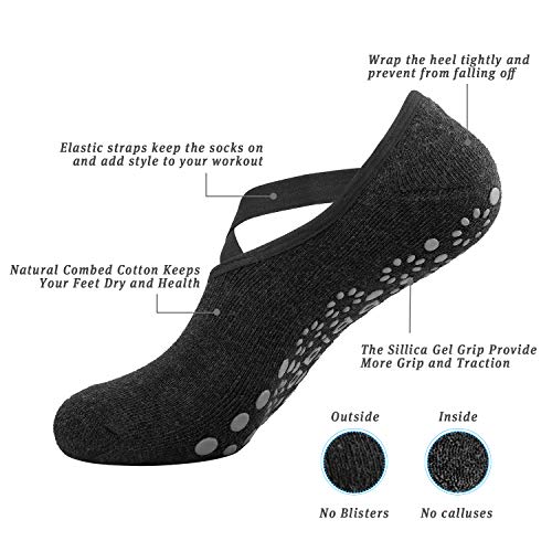 Abida 3 Pares de Calcetines de Yoga para Mujer con agarres y Correas Antideslizantes, Ideales para Pilates, Barra Pura, Ballet, Danza, Fitness