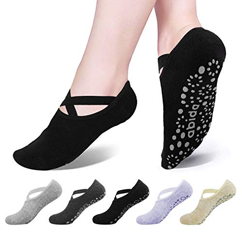 Abida 5 Pares de Calcetines de Yoga para Mujer con agarres y Correas Antideslizantes, Ideales para Pilates, Barra Pura, Ballet, Danza, Fitness