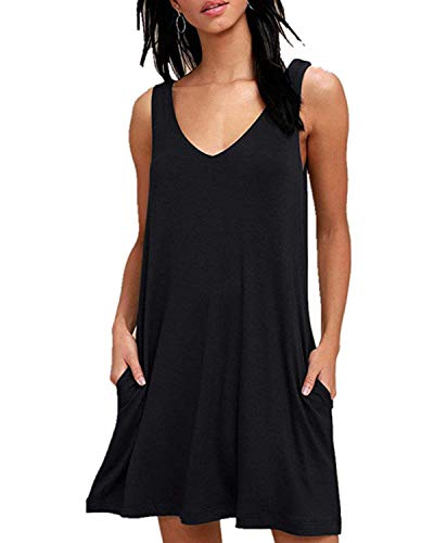 ABINGOO Mujer Vestido Casual Color Sólido de Verano sin Mangas con Bolsillos de Playa Boho Dress,Negro,2XL