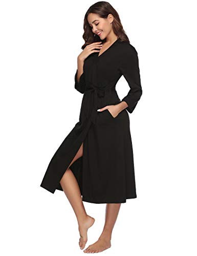 Abollria Bata para Mujer Algodón con Escote en V Albornoz de Kimono de Mujer Ropa de Dormir con Cinturón Negro,S Abollria Bata para Mujer Algodón con Escote en V Albornoz de Kimono de Mujer Ropa de Dormir con Cinturón Negro,S