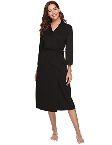 Abollria Bata para Mujer Algodón con Escote en V Albornoz de Kimono de Mujer Ropa de Dormir con Cinturón Negro,S Abollria Bata para Mujer Algodón con Escote en V Albornoz de Kimono de Mujer Ropa de Dormir con Cinturón Negro,S