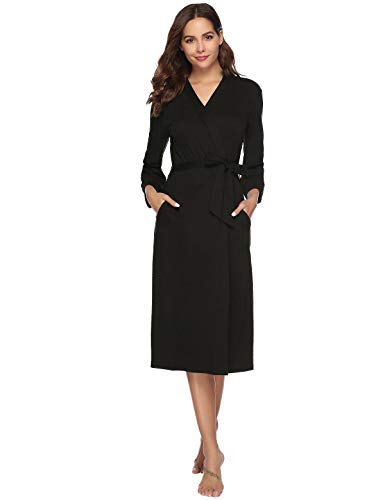 Abollria Bata para Mujer Algodón con Escote en V Albornoz de Kimono de Mujer Ropa de Dormir con Cinturón Negro,S Abollria Bata para Mujer Algodón con Escote en V Albornoz de Kimono de Mujer Ropa de Dormir con Cinturón Negro,S