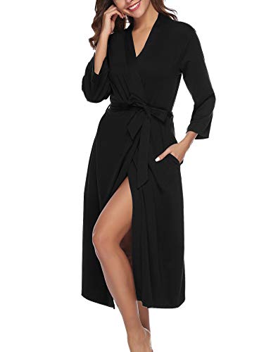 Abollria Bata para Mujer Algodón con Escote en V Albornoz de Kimono de Mujer Ropa de Dormir con Cinturón Negro,S