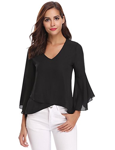 Abollria Camisa para Mujer 3/4 Mangas Elegante Blusa de Gasa Ligera Camisetas de Chiffon Cuello V Top Mangas Acampanadas Primavera Verano Otoño, Negro, XXL