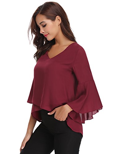 Abollria Camisa para Mujer 3/4 Mangas Elegante Blusa de Gasa Ligera Camisetas de Chiffon Cuello V Top Mangas Acampanadas Primavera Verano Otoño, Vino Rojo, S