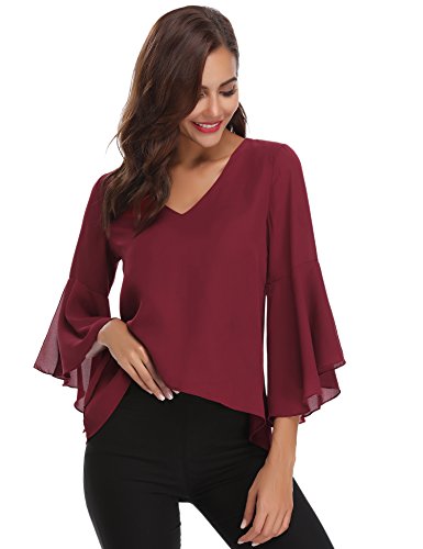 Abollria Camisa para Mujer 3/4 Mangas Elegante Blusa de Gasa Ligera Camisetas de Chiffon Cuello V Top Mangas Acampanadas Primavera Verano Otoño, Vino Rojo, S