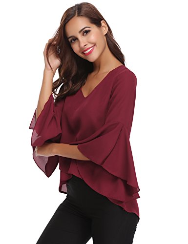 Abollria Camisa para Mujer 3/4 Mangas Elegante Blusa de Gasa Ligera Camisetas de Chiffon Cuello V Top Mangas Acampanadas Primavera Verano OtoƱo, Vino Rojo, S Abollria Camisa para Mujer 3/4 Mangas Elegante Blusa de Gasa Ligera Camisetas de Chiffon Cuello V Top Mangas Acampanadas Primavera Verano OtoƱo, Vino Rojo, S
