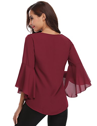 Abollria Camisa para Mujer 3/4 Mangas Elegante Blusa de Gasa Ligera Camisetas de Chiffon Cuello V Top Mangas Acampanadas Primavera Verano Otoño, Vino Rojo, S