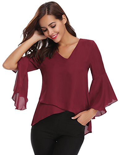 Abollria Camisa para Mujer 3/4 Mangas Elegante Blusa de Gasa Ligera Camisetas de Chiffon Cuello V Top Mangas Acampanadas Primavera Verano OtoƱo, Vino Rojo, S Abollria Camisa para Mujer 3/4 Mangas Elegante Blusa de Gasa Ligera Camisetas de Chiffon Cuello V Top Mangas Acampanadas Primavera Verano OtoƱo, Vino Rojo, S