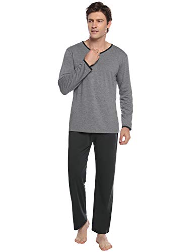 Abollria Pijamas Hombre Algodón 2 Piezas Mangas Larga Pantalon Largo Invierno Cómodo y Agradable (XXL, Gris Oscuro_3)